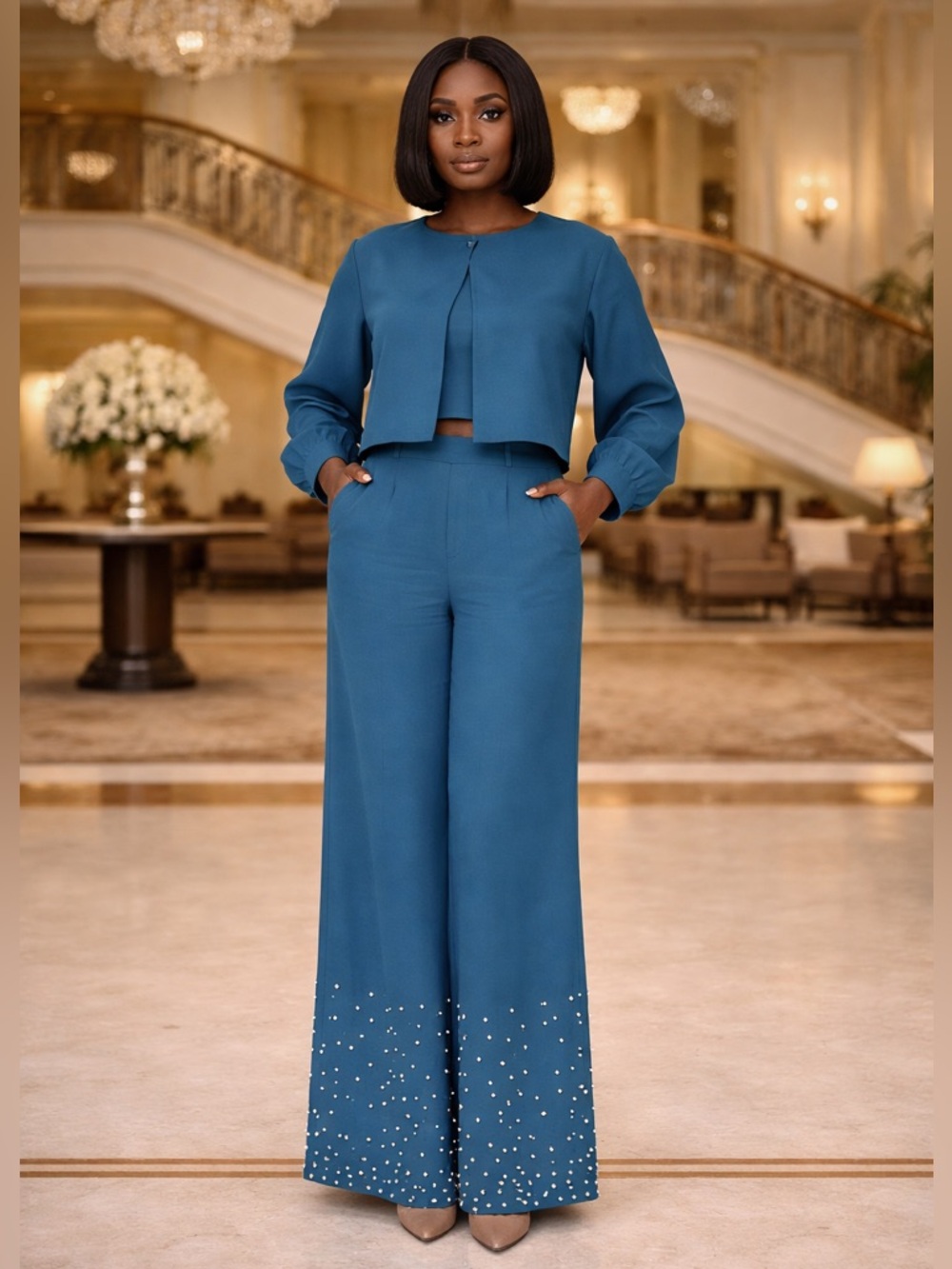 Wide-Leg Pearl Hem Jumpsuit — Teal Blue